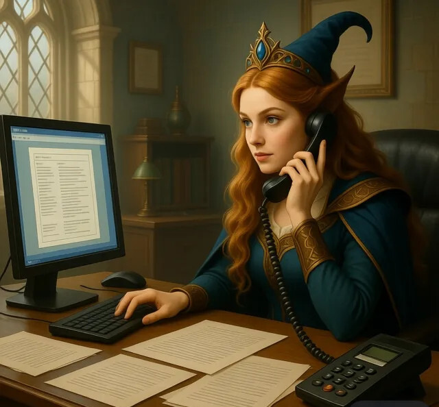 Femme elfe à l'ordinateur parlant