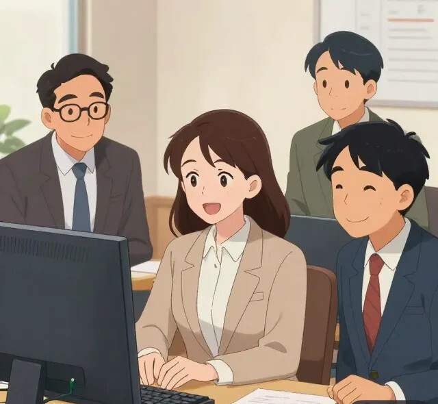 Équipe de bureau souriante regardant l'écran